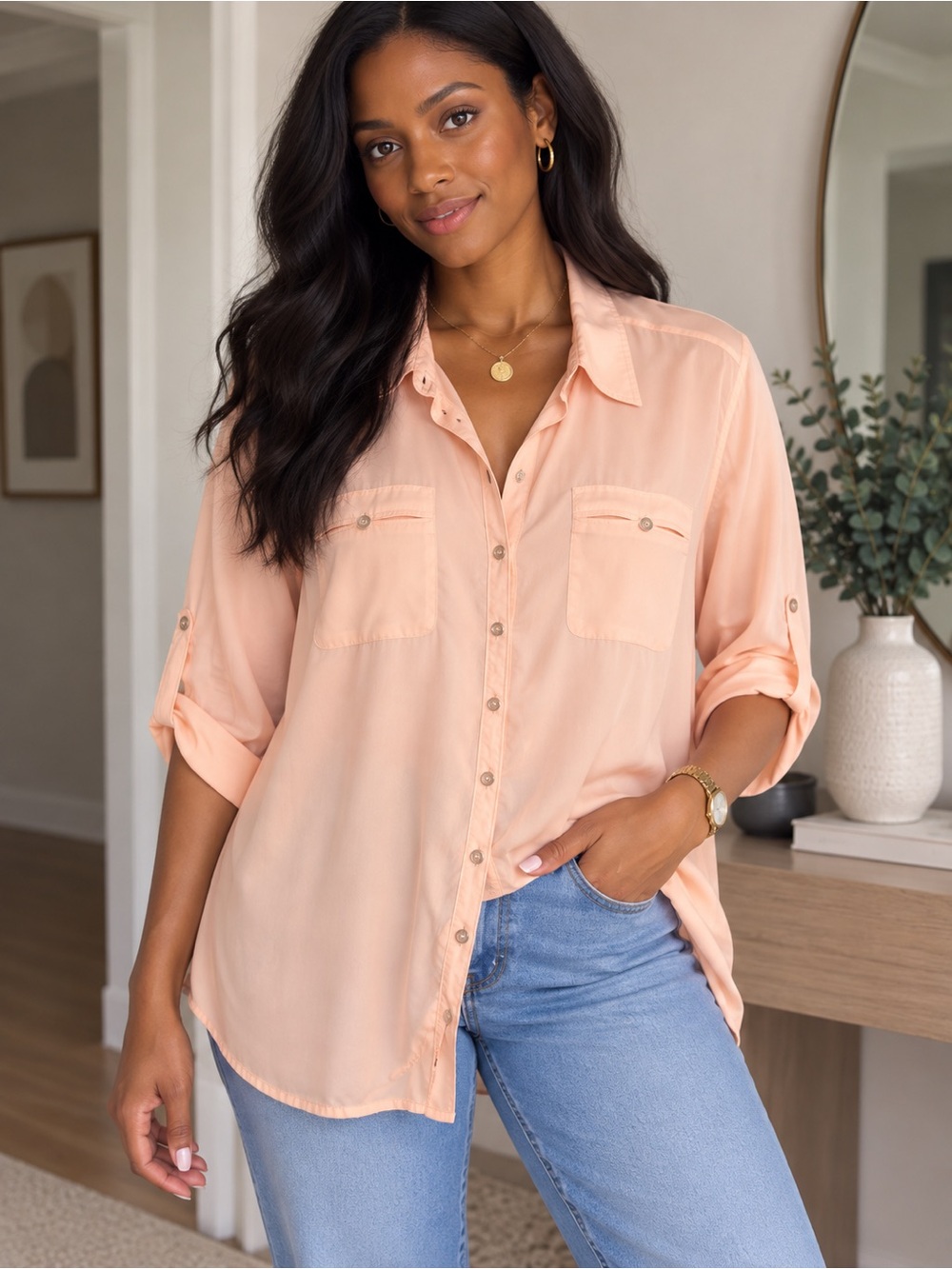 Reitmans Lightweight Peach Button-Up Blouse